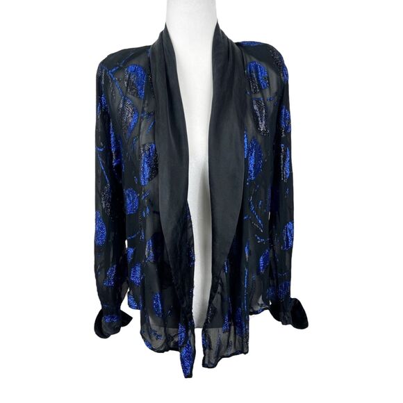 Vintage Lisa & Scott Blazer Women 4 Black Blue Metallic Open Front Party Outer - Picture 1 of 15